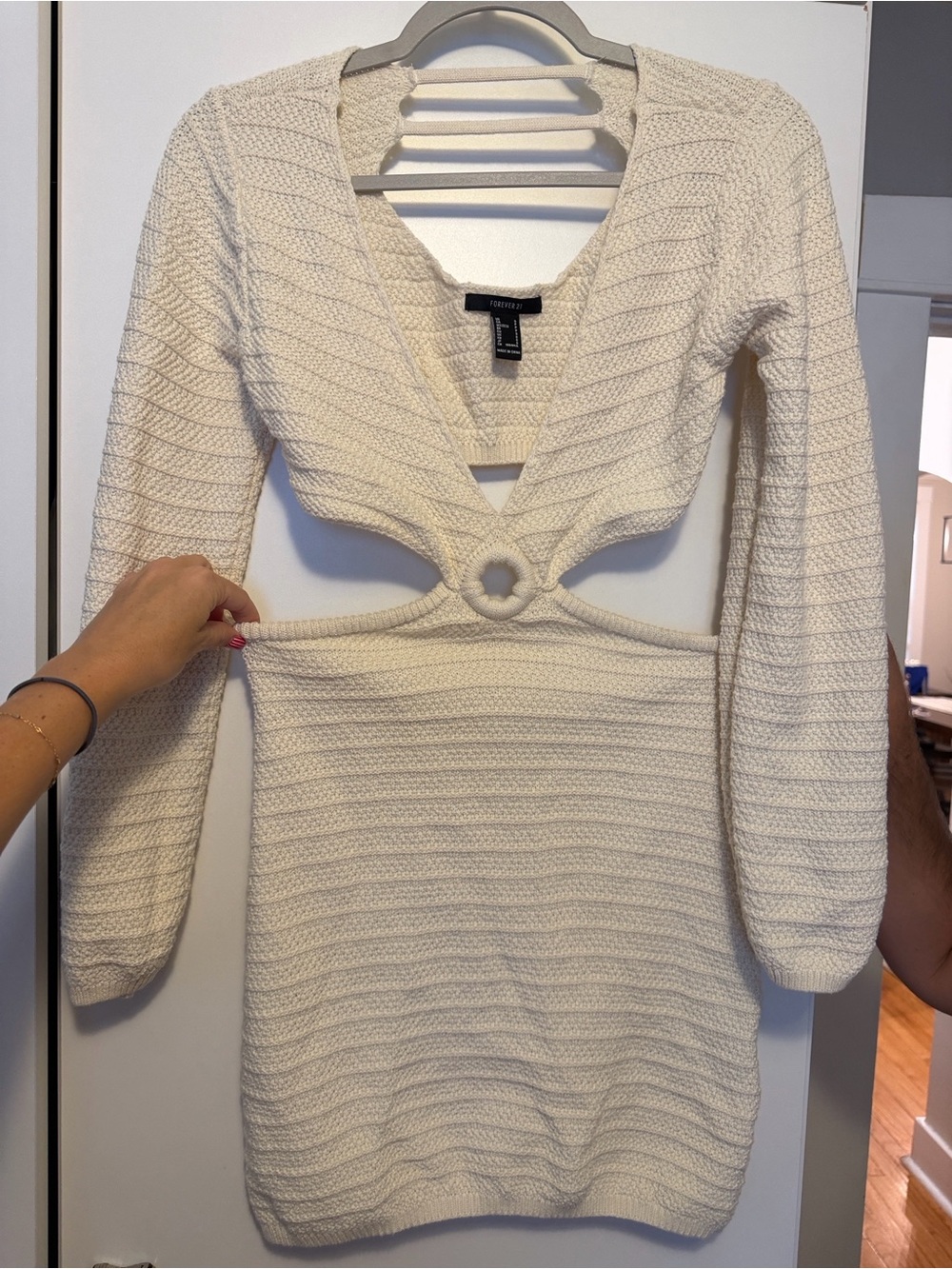 Forever 21 Cream Textured Knit Wrap Top with Ring Accent